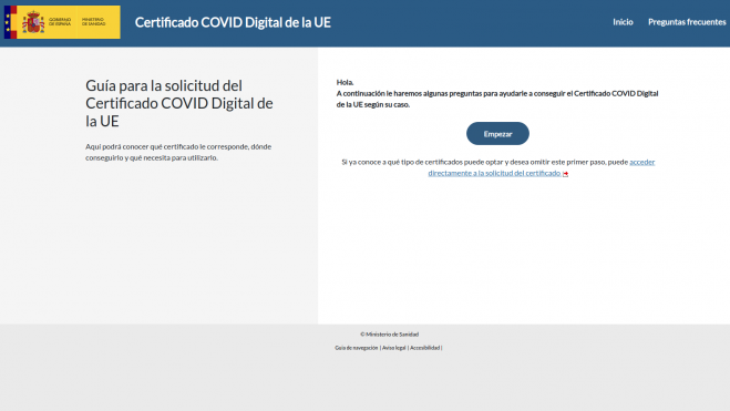Certificat COVID digital en la web del Ministeri de Sanitat