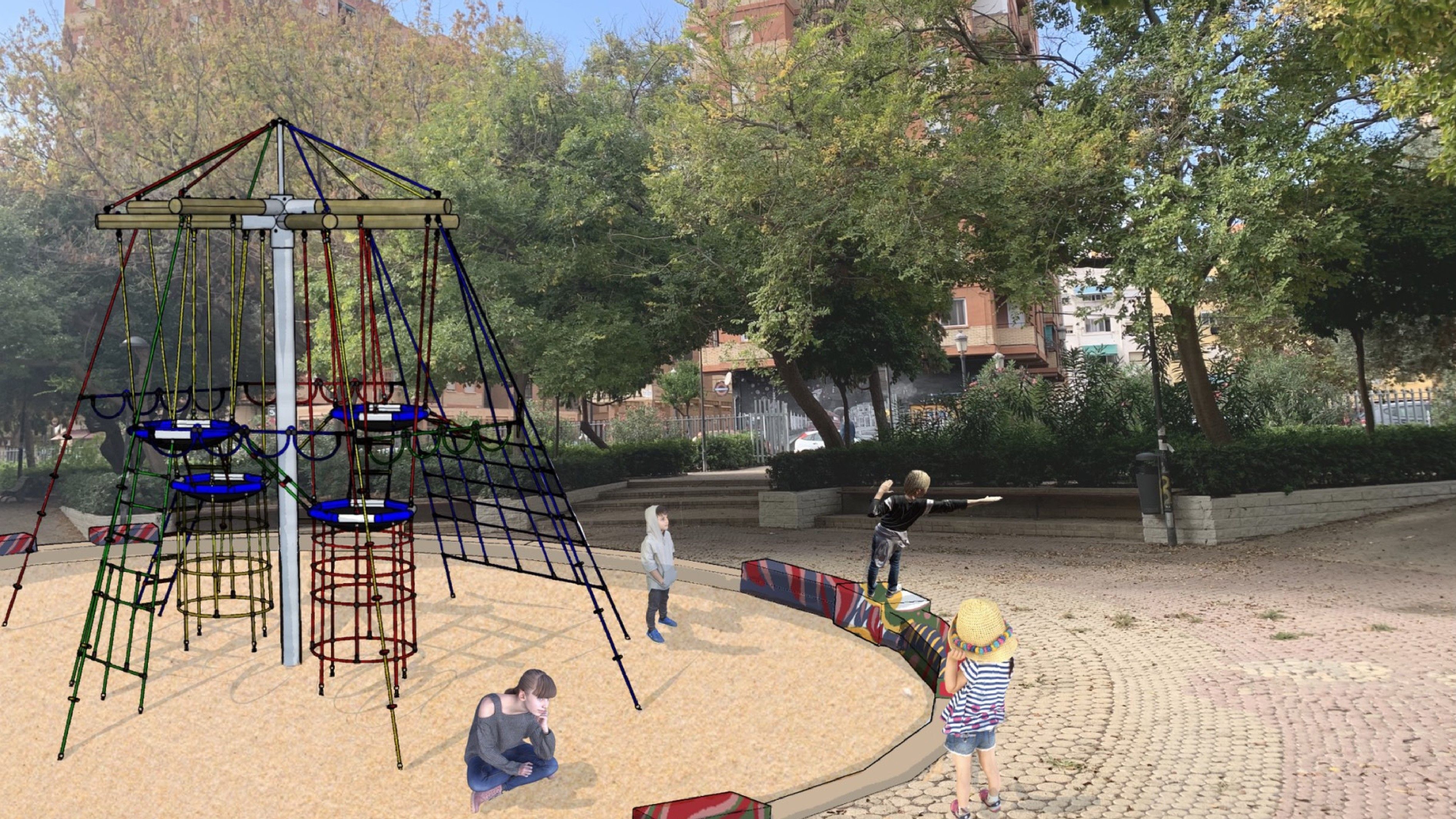 Proyección del planteamiento de la zona infantil en la plaza del Cedro