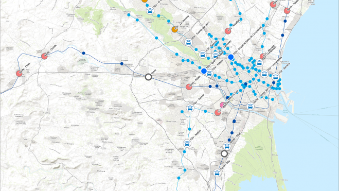 Mapa dels aparcaments dissuasius de l'àrea metropolitana de València