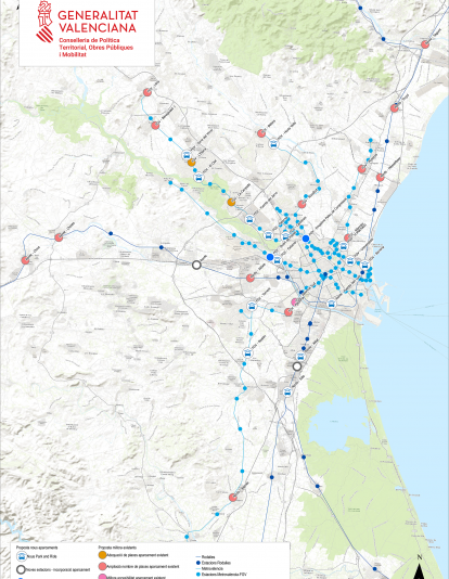 Mapa de los aparcamientos disuasorios del área metropolitana de València