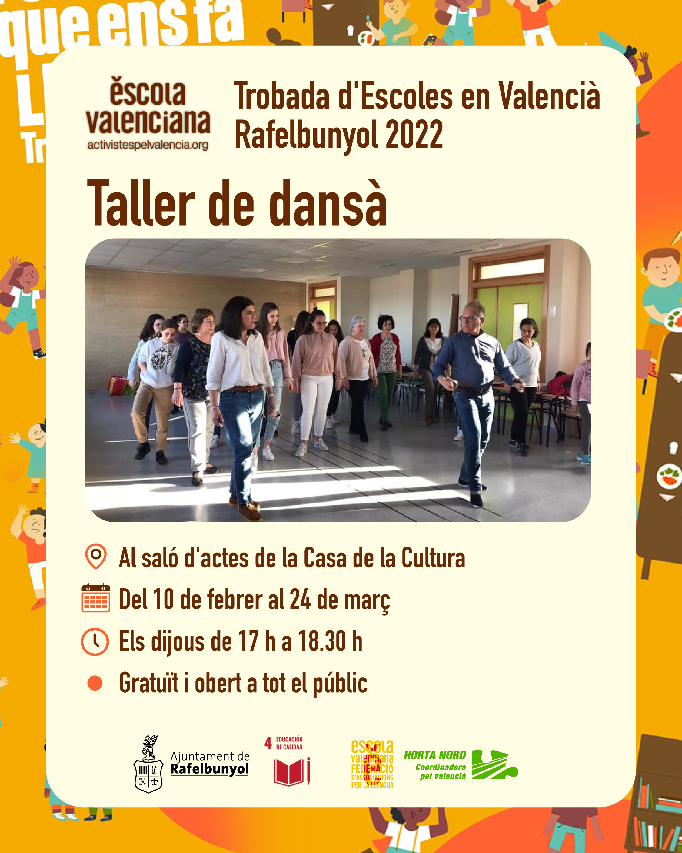 Cartel del taller de dansà, una de las actividades que forman parte de la Trobada d'Escoles en Valencià