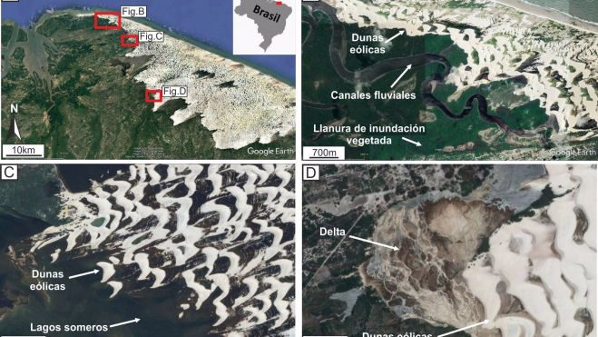 Imatges de Google Earth del Parc Nacional de Lençois Marahensis (nord-est del Brasil) on es desenvolupen dunes eòliques, canals fluvials, deltes, planes d'inundació vegetades i llacs succints. Imatges de Google Earth del Parc Nacional de Lençois Marahensis (nord-est del Brasil) on es desenvolupen dunes eòliques, canals fluvials, deltes, planes d'inundació vegetades i llacs succints.