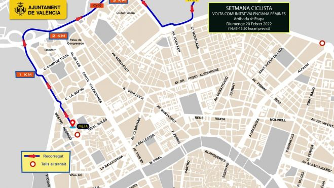 Mapa del recorrido y cortes al tráfico a la llegada de la Semana Ciclista Vuelta CV Fèmines 2022 en la ciudad de València