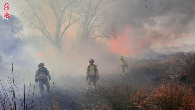 Bomberos trabajan para sofocar el incendio forestal declarado en Real