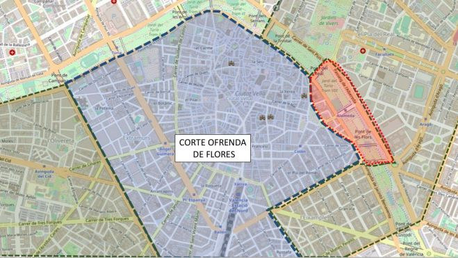 Plano de las calles cortadas por las Fallas de València 2022 el 18 de marzo