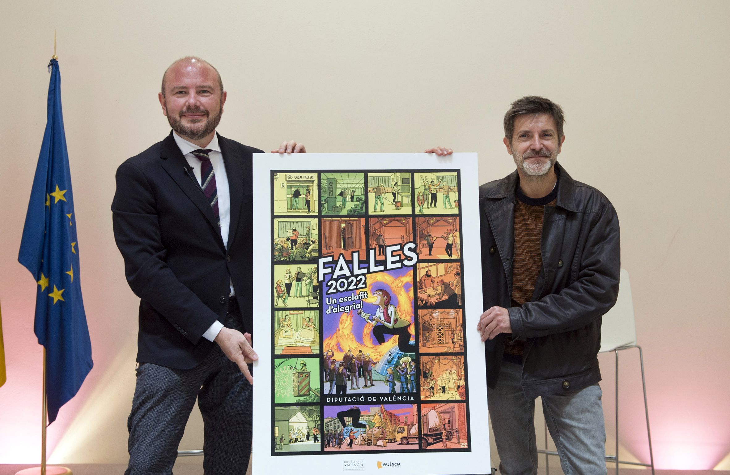 Toni Gaspar i Paco Roca, en la presentació del cartell de les Falles de 2022 de la Diputació de València