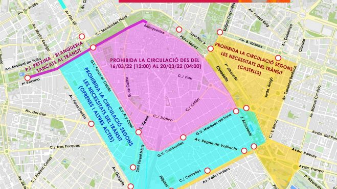 Calles cortadas en el centro de València por las Fallas 2022