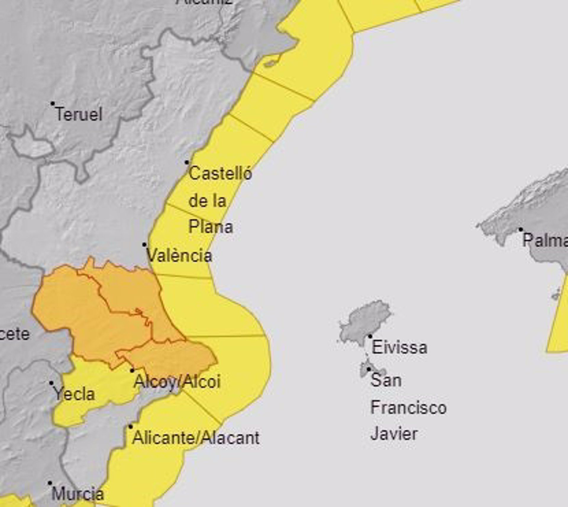 Mapa d'avisos meteorològics per precipitacions i fenòmens costaners en la Comunitat Valenciana