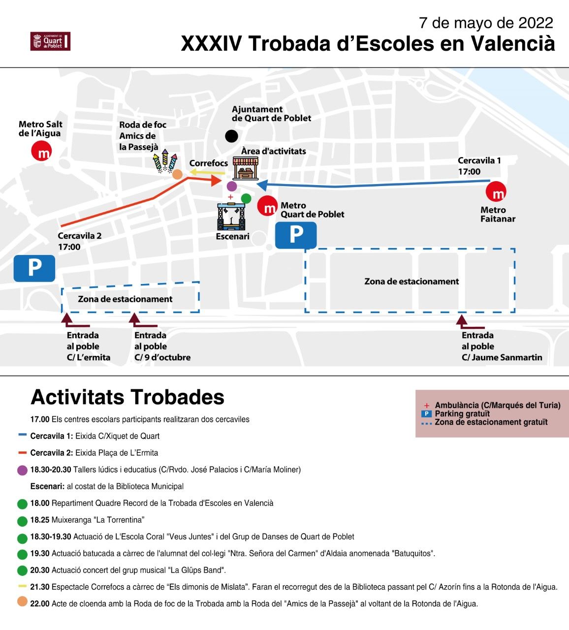 Mapa de la XXXIV Trobada d'Escoles en Valencià que se celebrará en Quart de Poblet el 7 de mayo