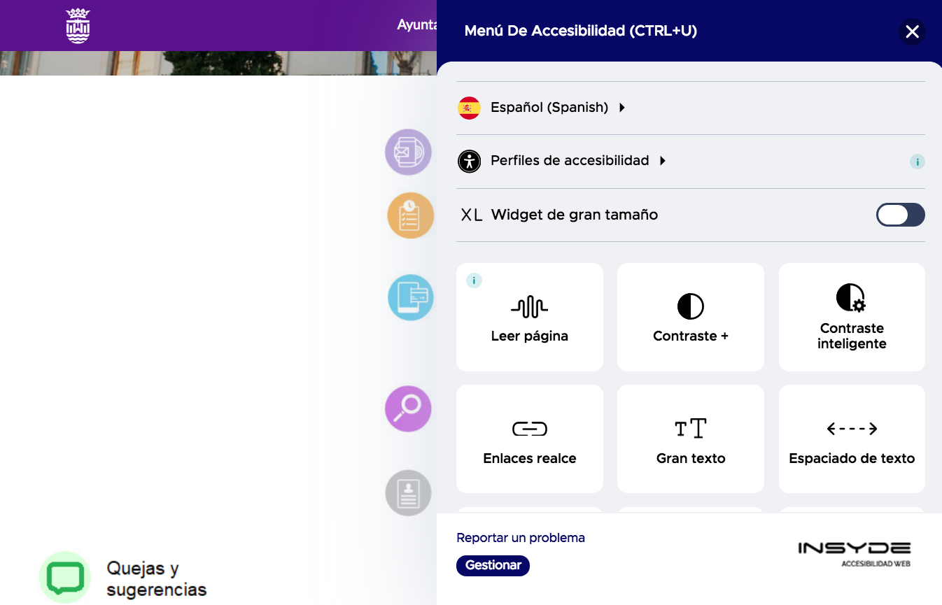 Menú de accesibilidad de las páginas web municipales de Gandia