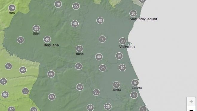 Mapa de probabilitat de tempestes per a la vesprada del dissabte 13 a la província de València Mapa de probabilitat de tempestes per a la vesprada del dissabte 13 a la província de València