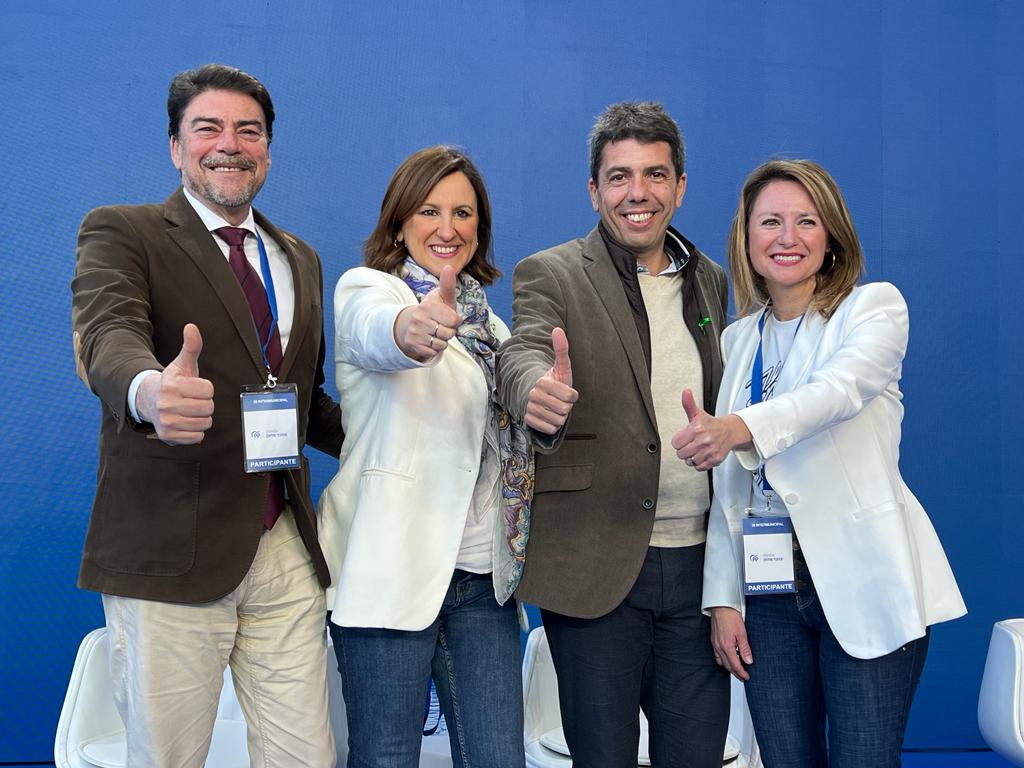 El president del PPCV, Carlos Mazón, amb els candidats a les alcaldies de València, Castelló i Alacant, María José Catalá, Begoña Carrasco i Luis Barcala, respectivament