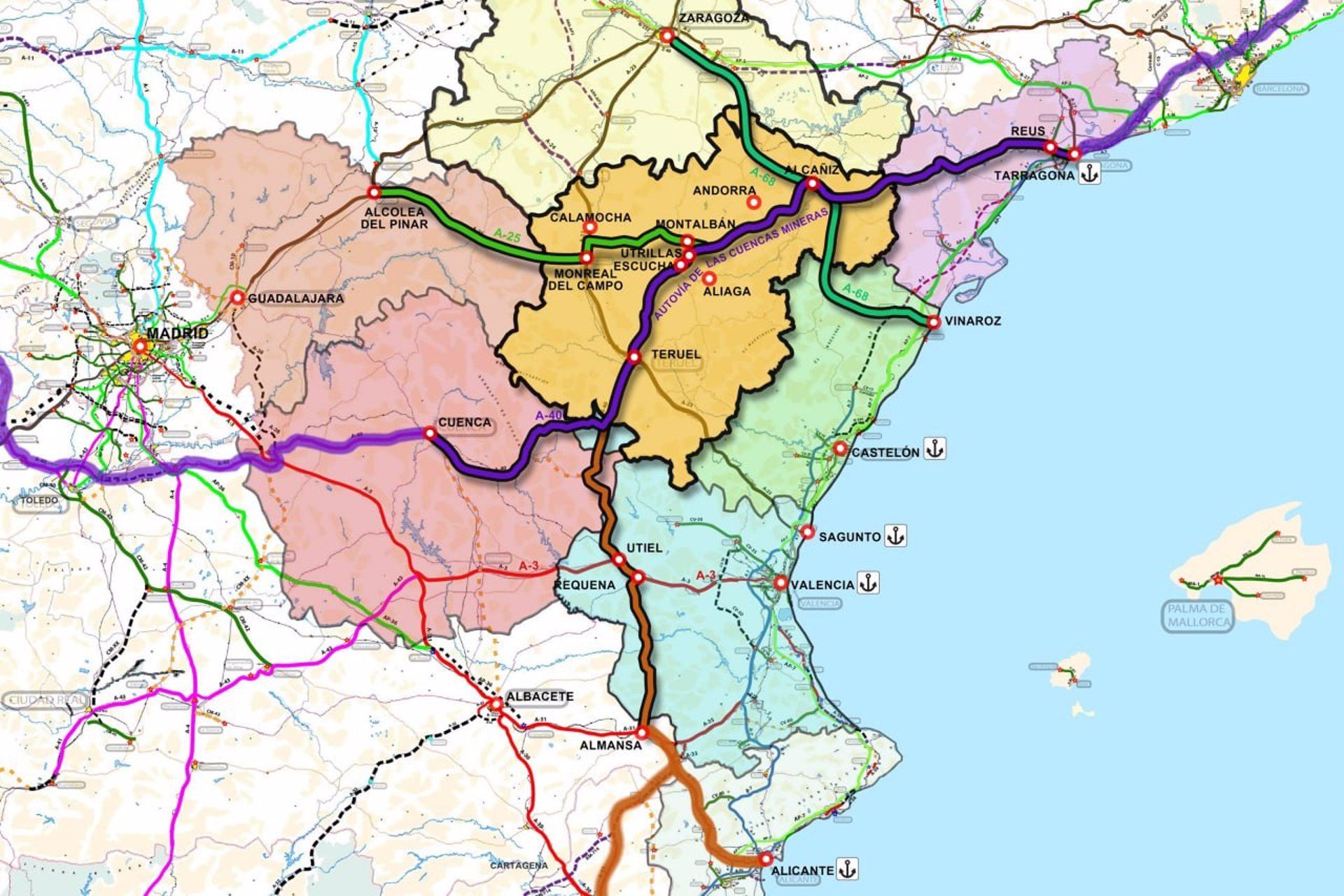 Mapa de la propuesta de Teruel Existe para crear este nuevo corredor