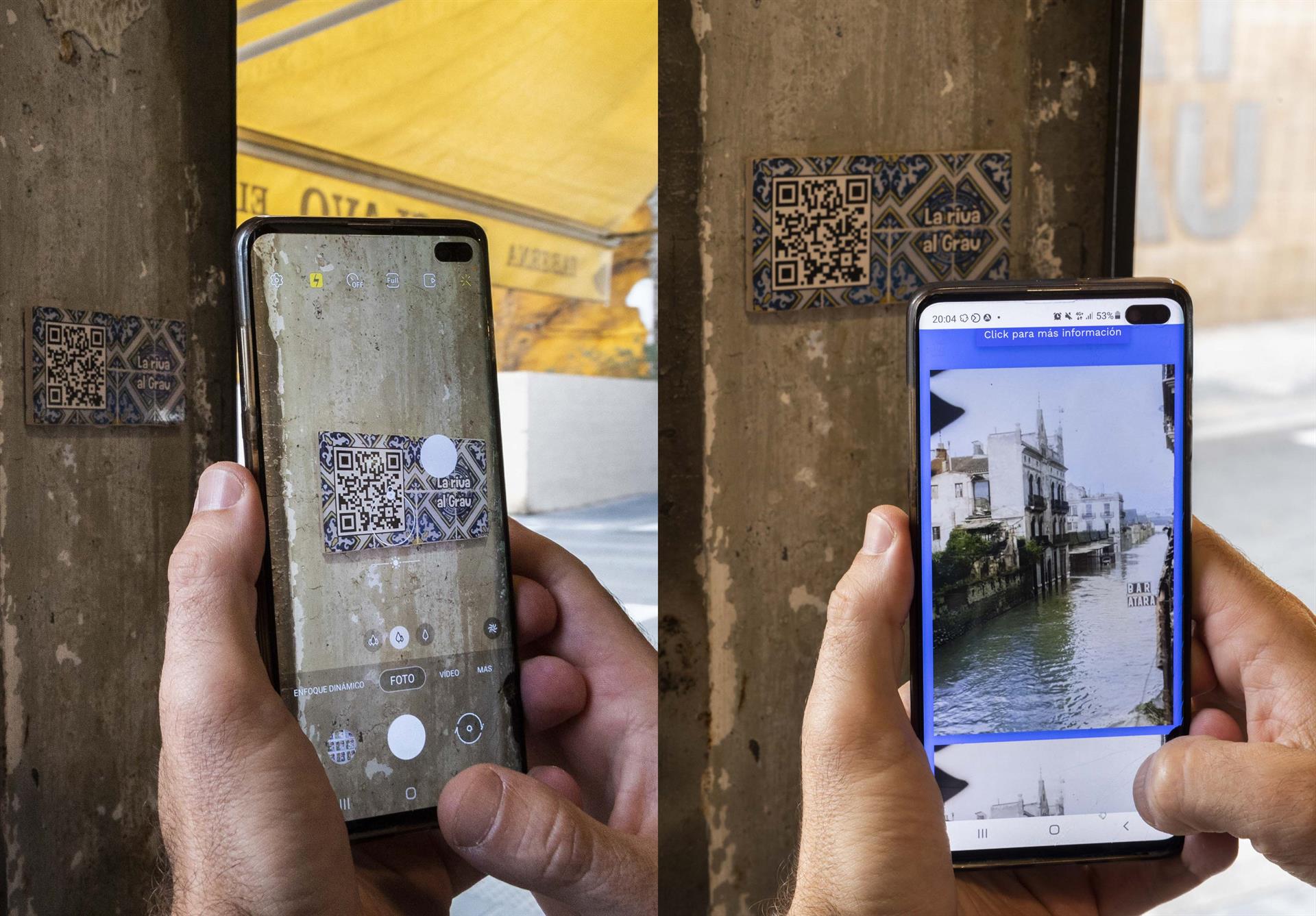 Una persona escanea un código QR en el barrio de El Grao de València