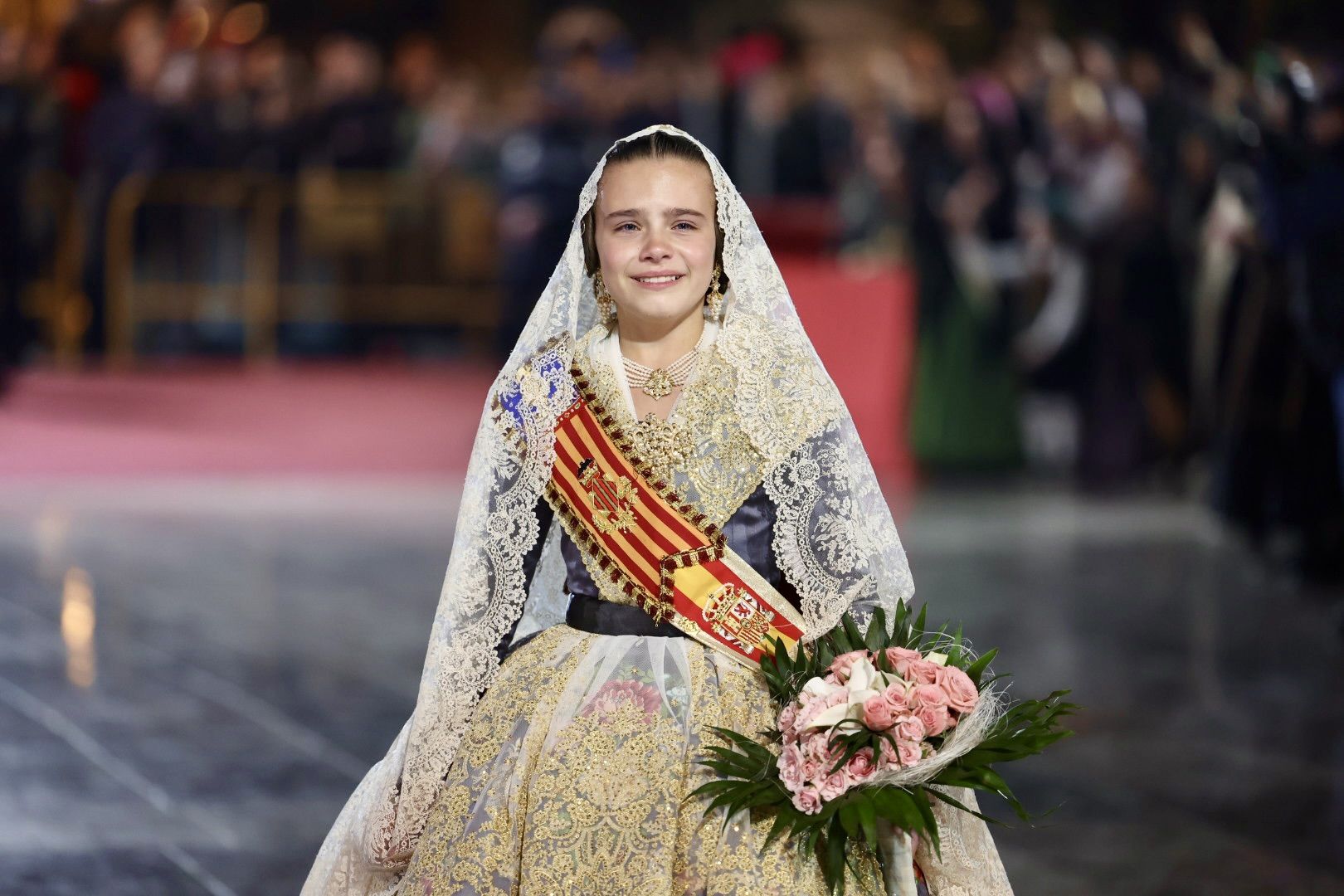 La Fallera Mayor Infantil Marina García, en la Ofrenda de València el 17 de marzo de 2024 (JCF)