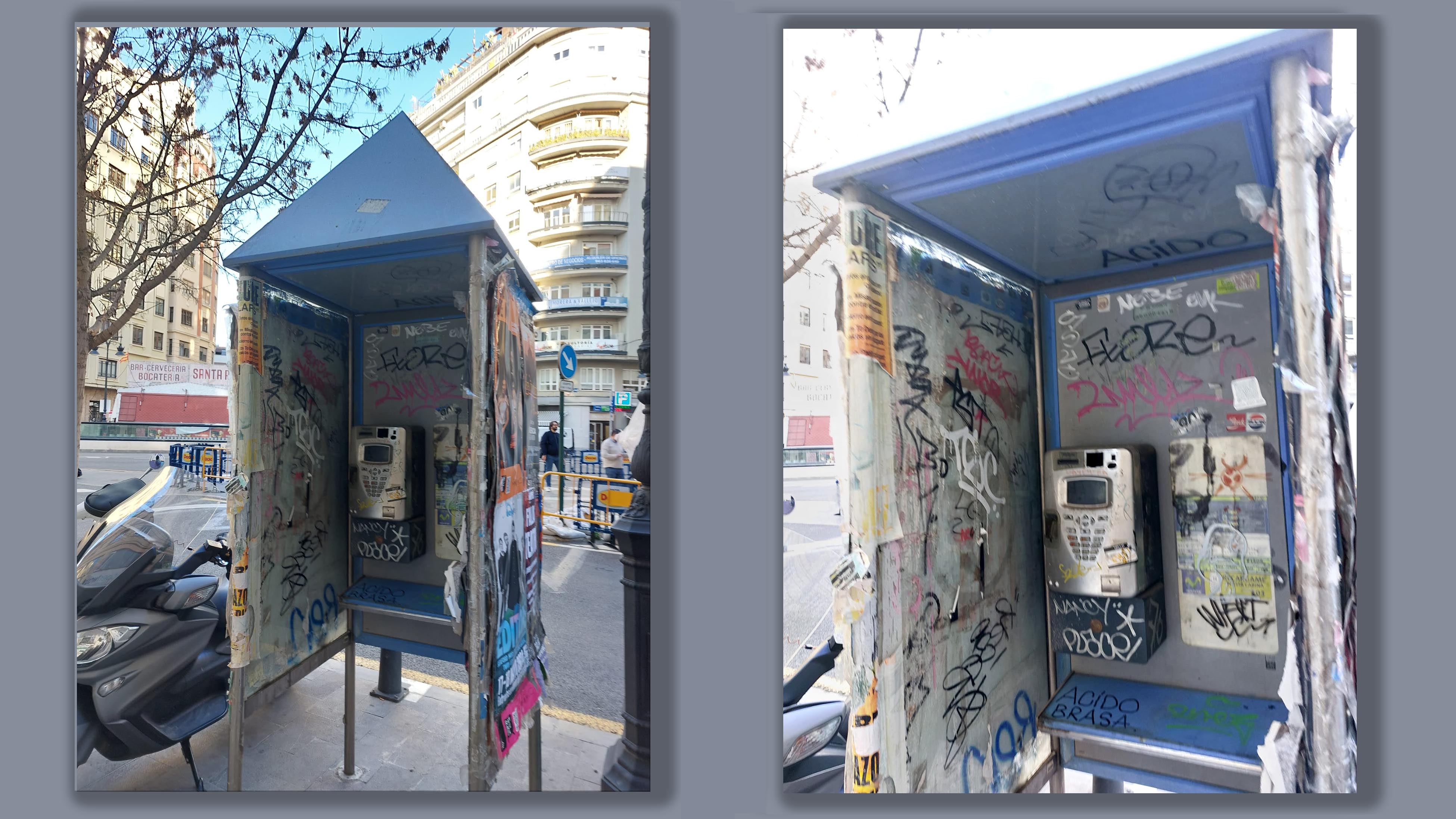 Estado de dos cabinas de teléfono en desuso en Valencia