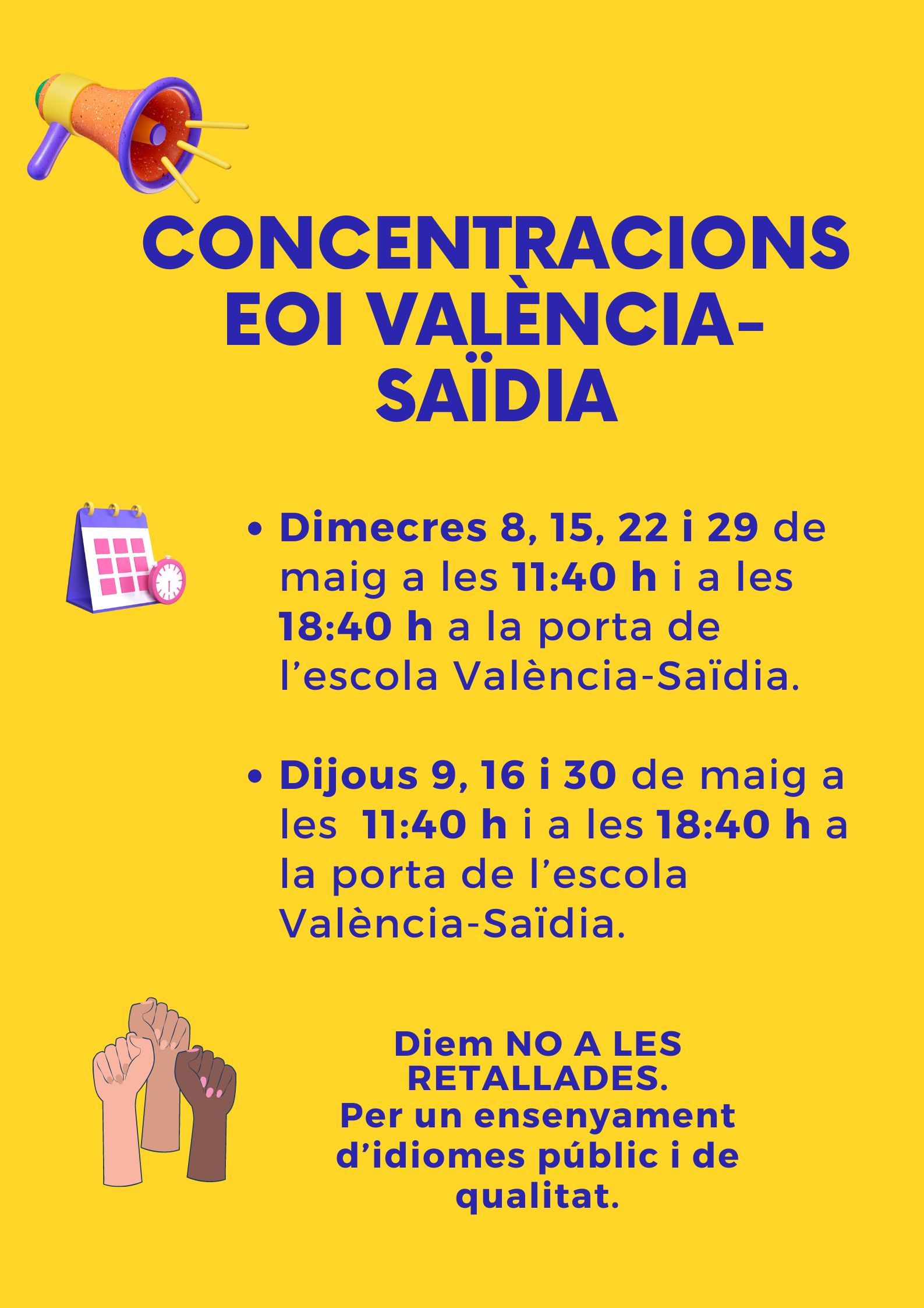 Cartel con el calendario de protestas convocadas en la EOI València-Saïdia durante el mes de mayo