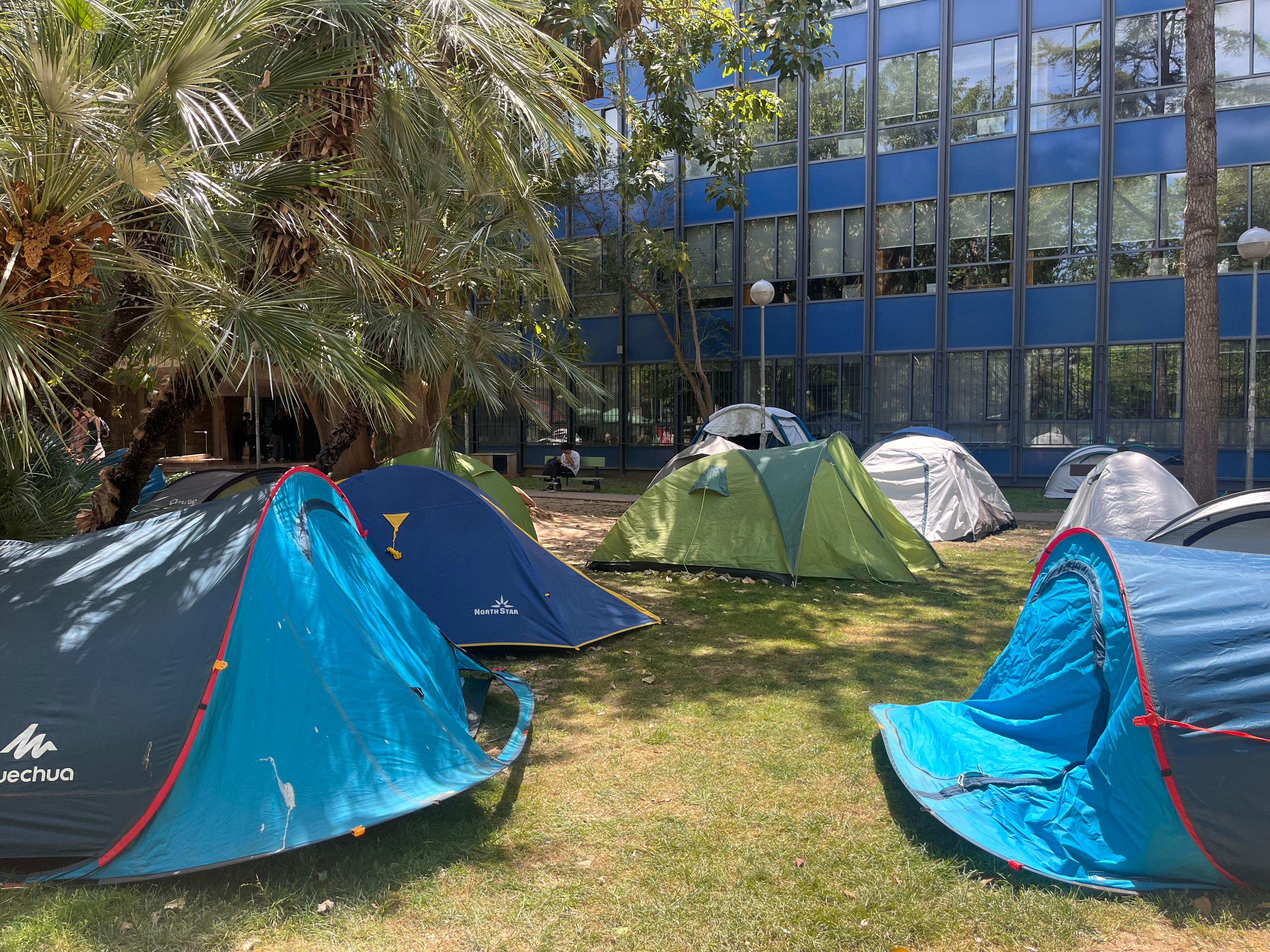 La acampada por Palestina en el jardín de la Facultad de Filosofía y Ciencias de la Educación de la UV