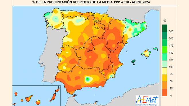 Percentatge de la precipitació a l'abril de 2024 respecte a la mitjana entre 1991 i 2020