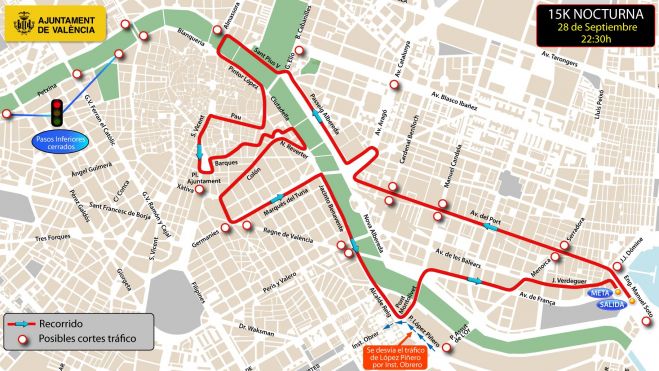 Plano de los cortes de calles por el recorrido de la 15k Nocturna Plano de los cortes de calles por el recorrido de la 15k Nocturna