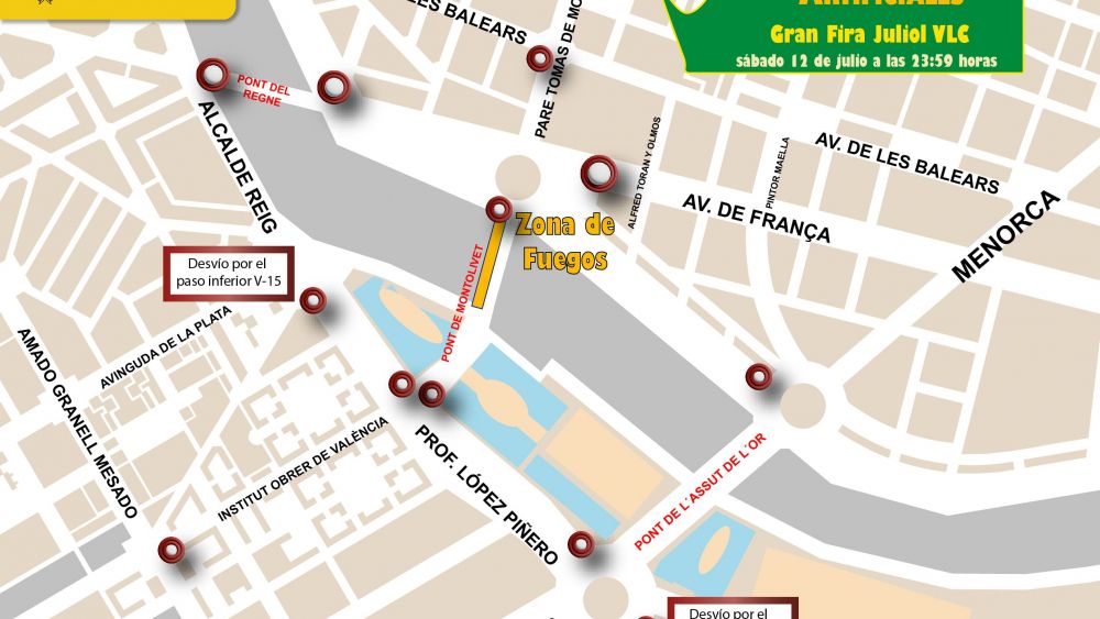 Mapa con cortes de calles y desvíos por el castillo de la Gran Feria de València Mapa con cortes de calles y desvíos por el castillo de la Gran Feria de València