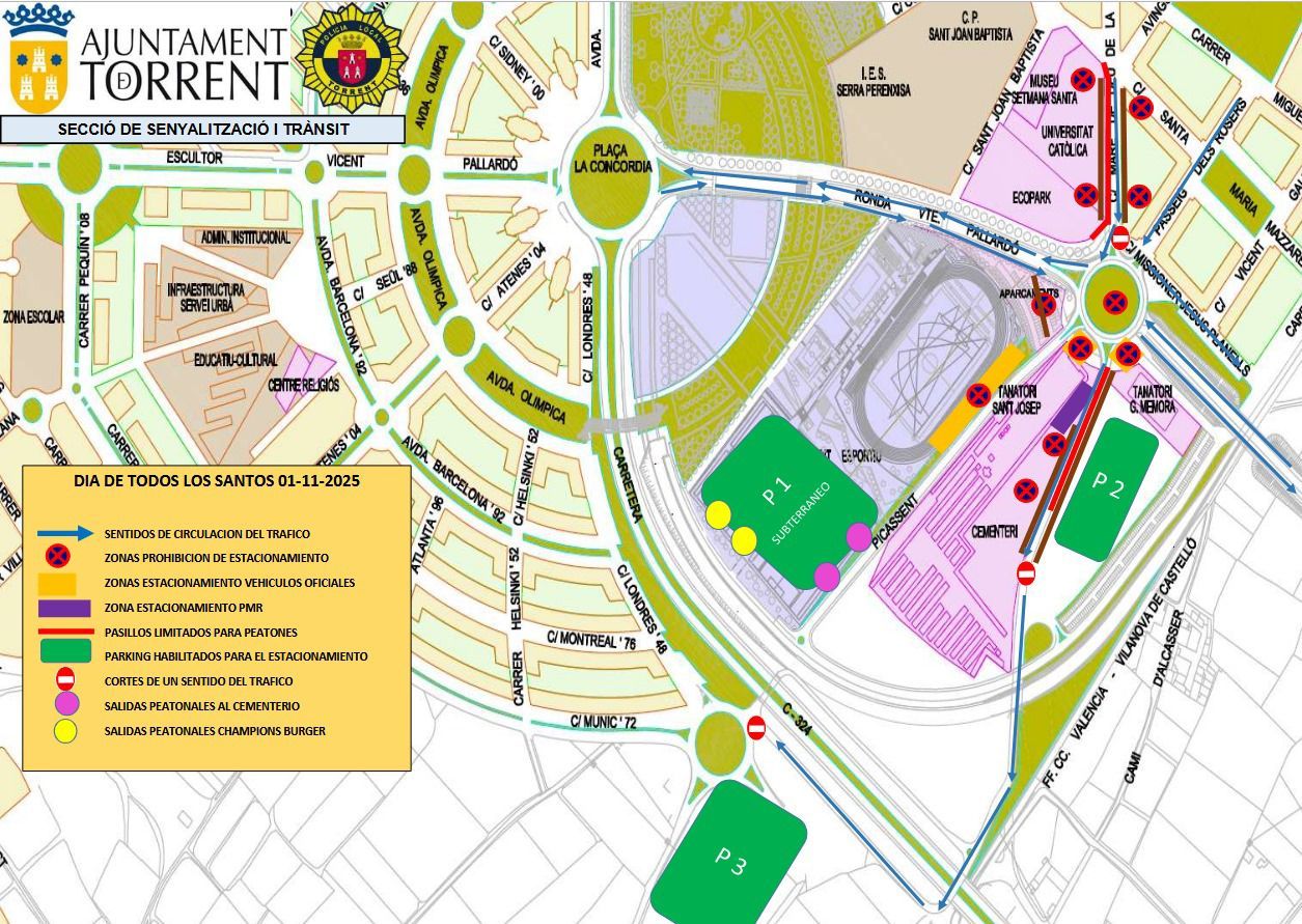 Mapa de las señalizaciones y tránsito para el dia de Todos santos a Torrent