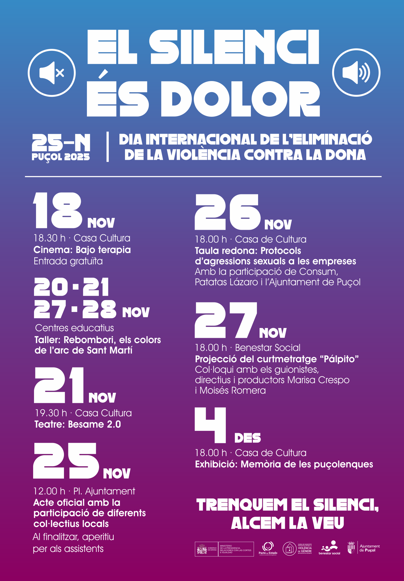 Cartel del Ayuntamiento de Puçol por el Día Internacional de la Eliminación de la Violencia Contra la Mujer