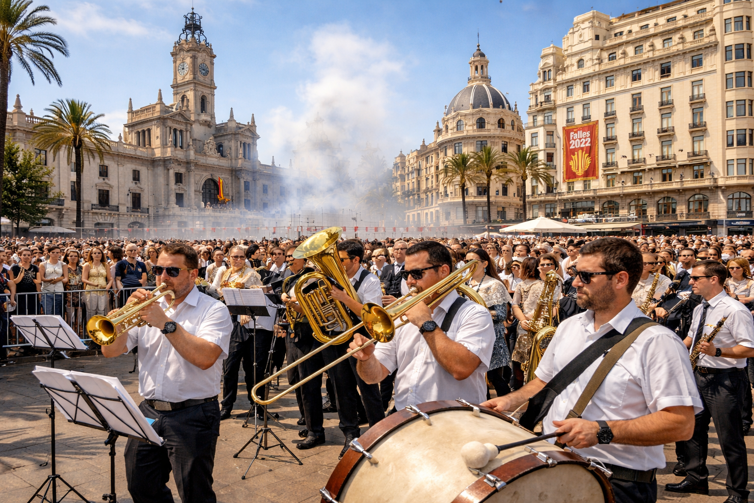 Músics tocant a la plaça de l'Ajuntament (generada per IA)
