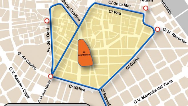 Mapa de las restricciones de tráfico para el 28 de febrero del 2026 / Fuente: Facebook del Centre de Gestió de Trànsit de l’Ajuntament de València