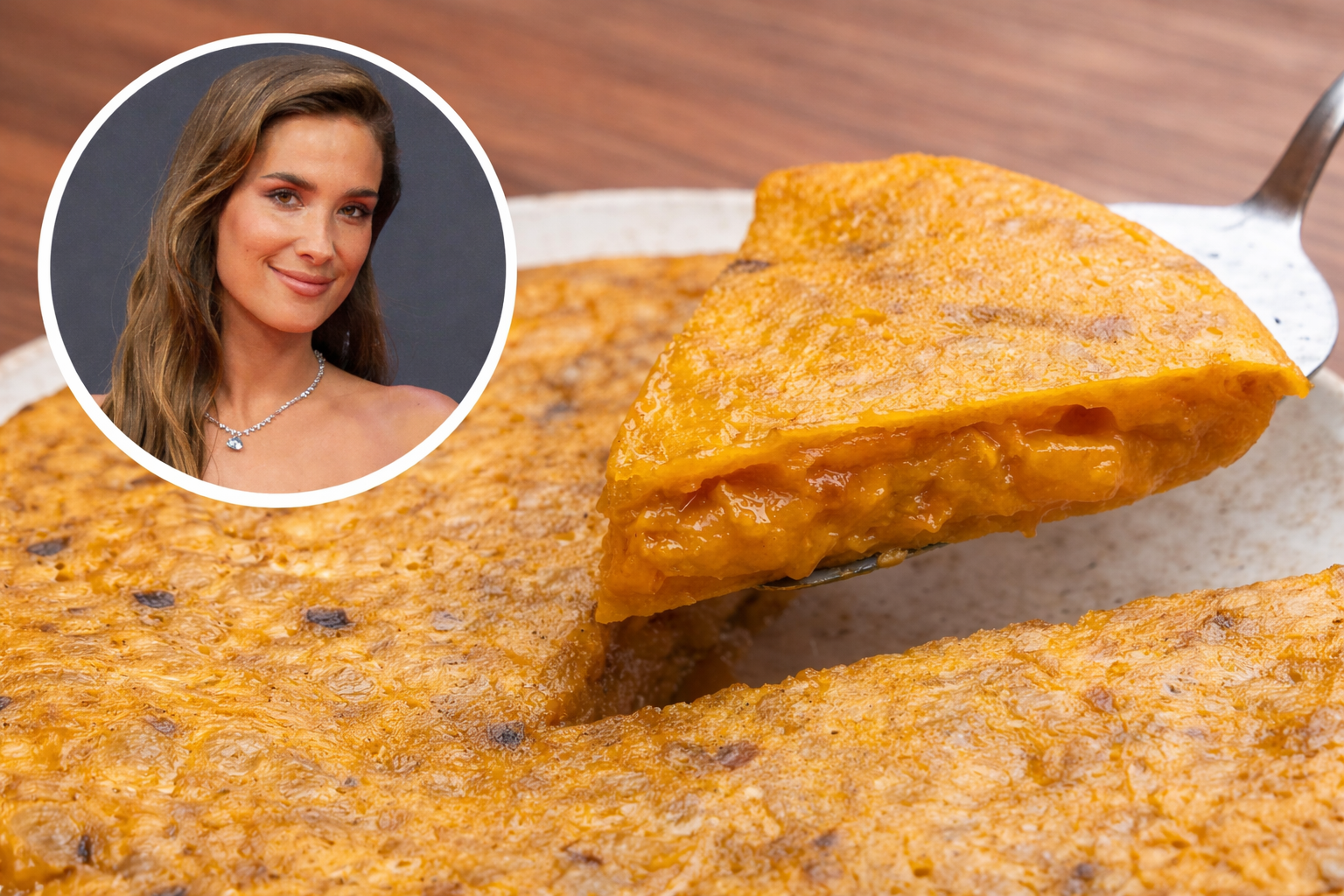 Imatge de María Pombo (foto de Barcex ) y la truita de La Martinuca (Facebook La Martinuca) - Generada per IA