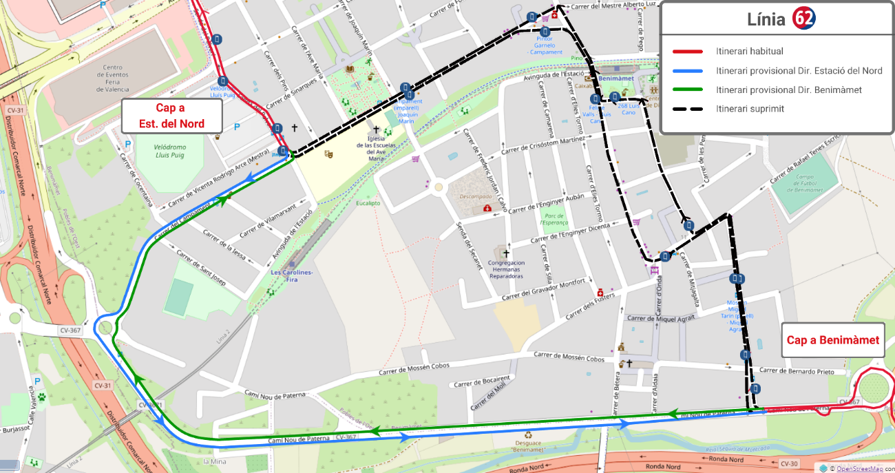 Desviament de l'EMT en Benimàmet per Setmana Santa