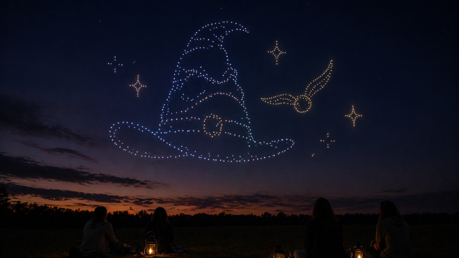 Imagen generada por IA sobre un espectáculo de drones 