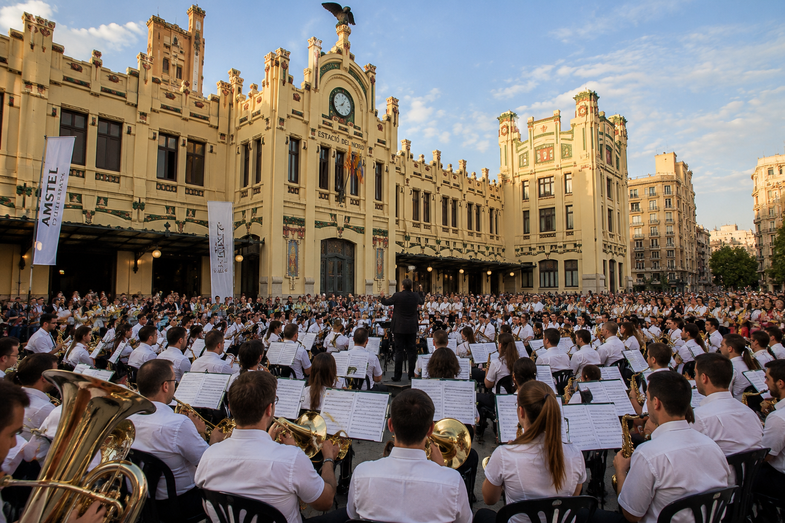 Concierto de bandas de música en la Estación del Norte de Valencia (Imagen generada por IA) Concierto de bandas de música en la Estación del Norte de Valencia (Imagen generada por IA)
