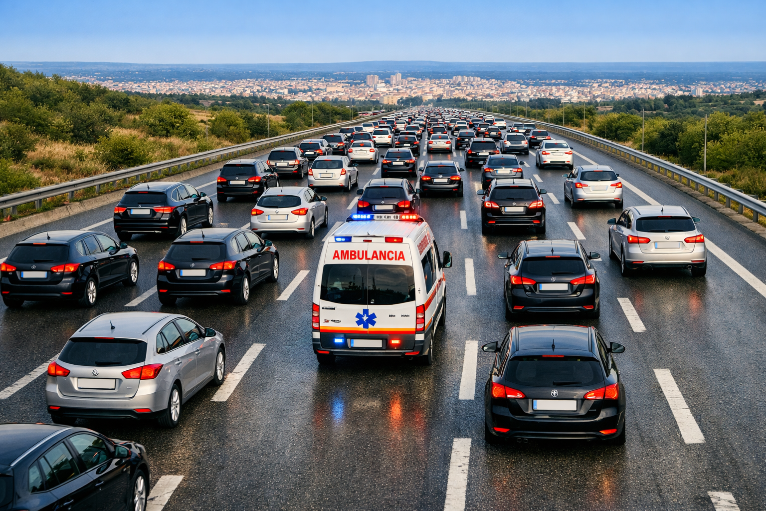 Una ambulància s'obri pas entre el trànsit - Imatge generada per IA Una ambulància s'obri pas entre el trànsit - Imatge generada per IA