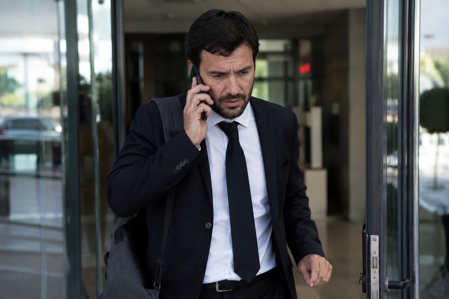 Un home marxa del seu lloc de treball parlant per telèfon Un home marxa del seu lloc de treball parlant per telèfon