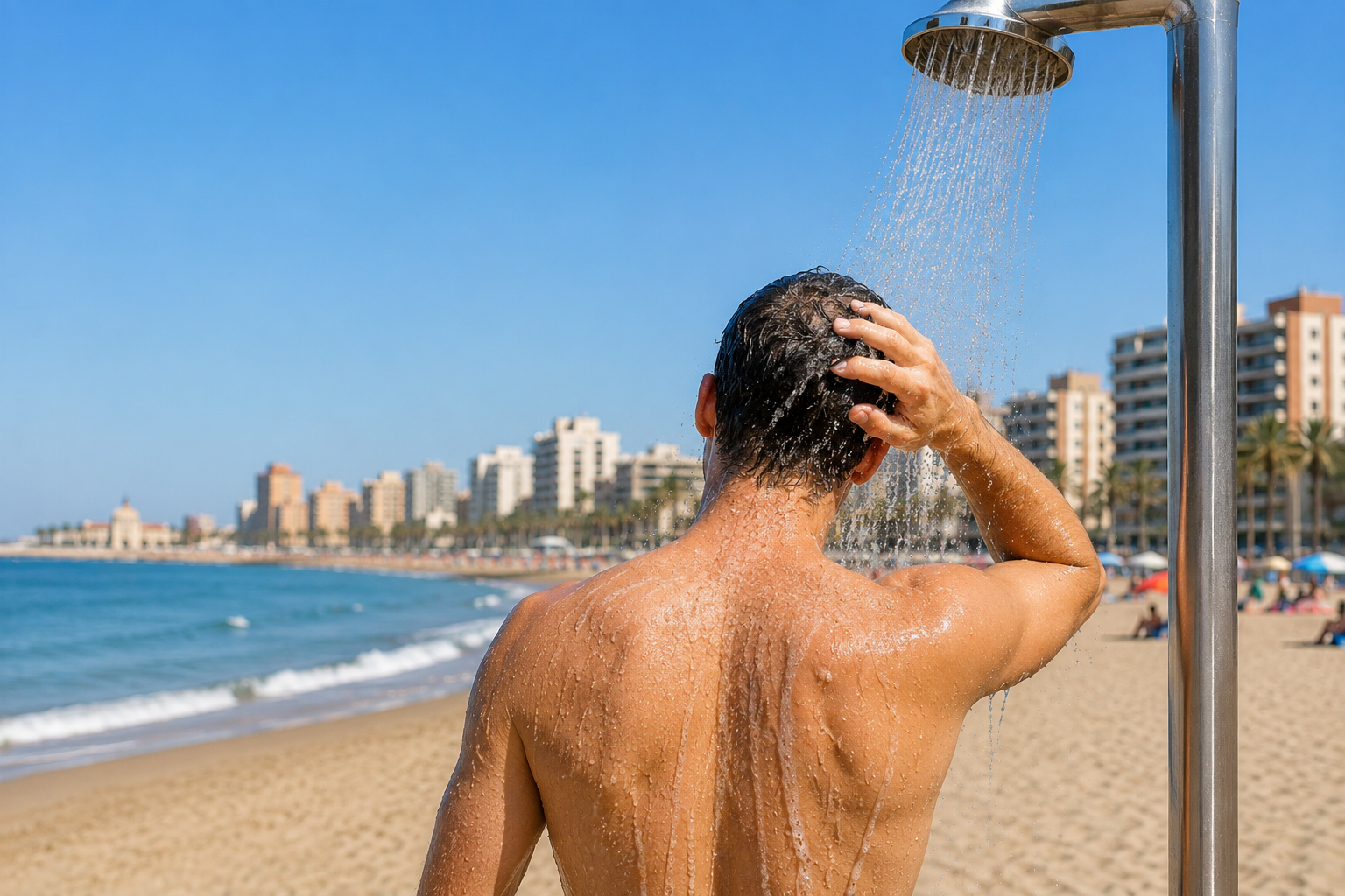 Un hombre se lava en las duchas de la playa (Generada por IA) Un hombre se lava en las duchas de la playa (Generada por IA)