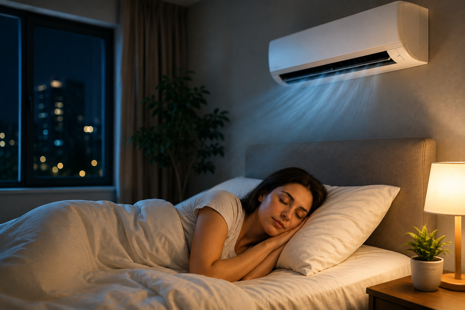 Una mujer duerme con aire acondicionado