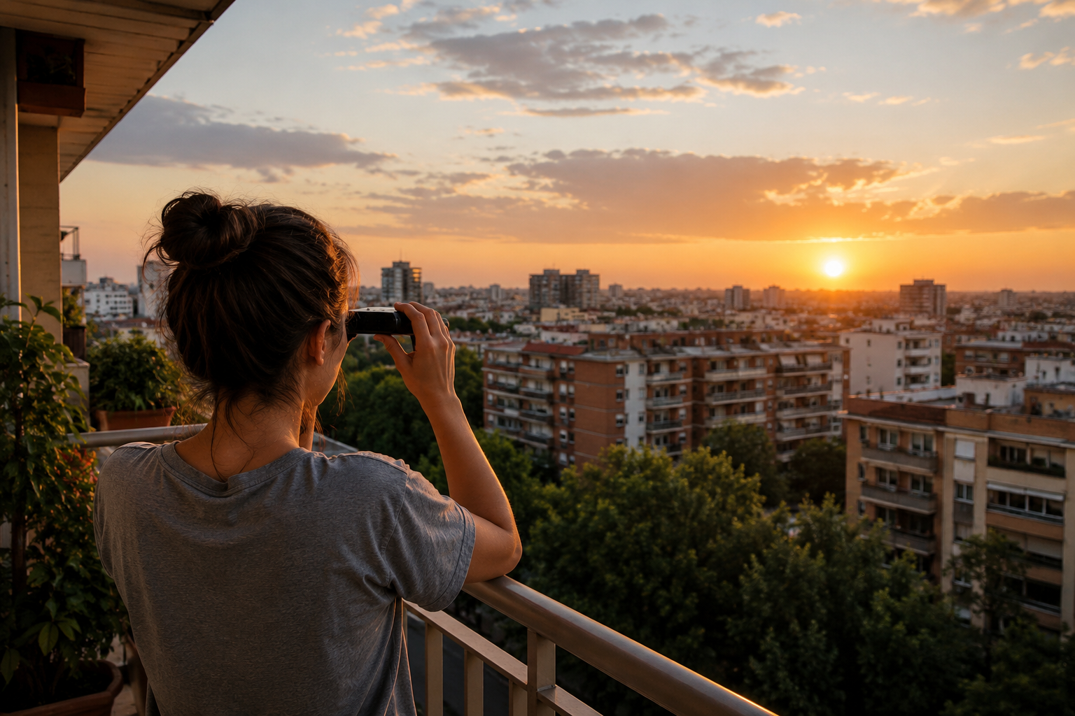 Una dona observa l'horitzó des del seu balcó per a verificar si podrà seguir l'eclipsi solar Una dona observa l'horitzó des del seu balcó per a verificar si podrà seguir l'eclipsi solar