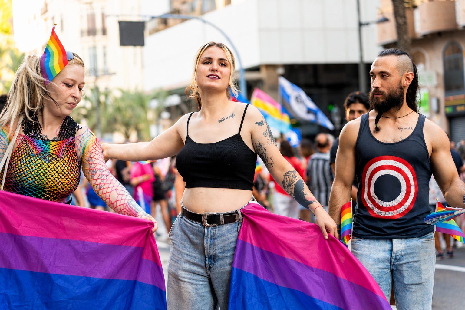 Personas sujetando la bandera bisexual en una manifestación del orgullo Personas sujetando la bandera bisexual en una manifestación del orgullo