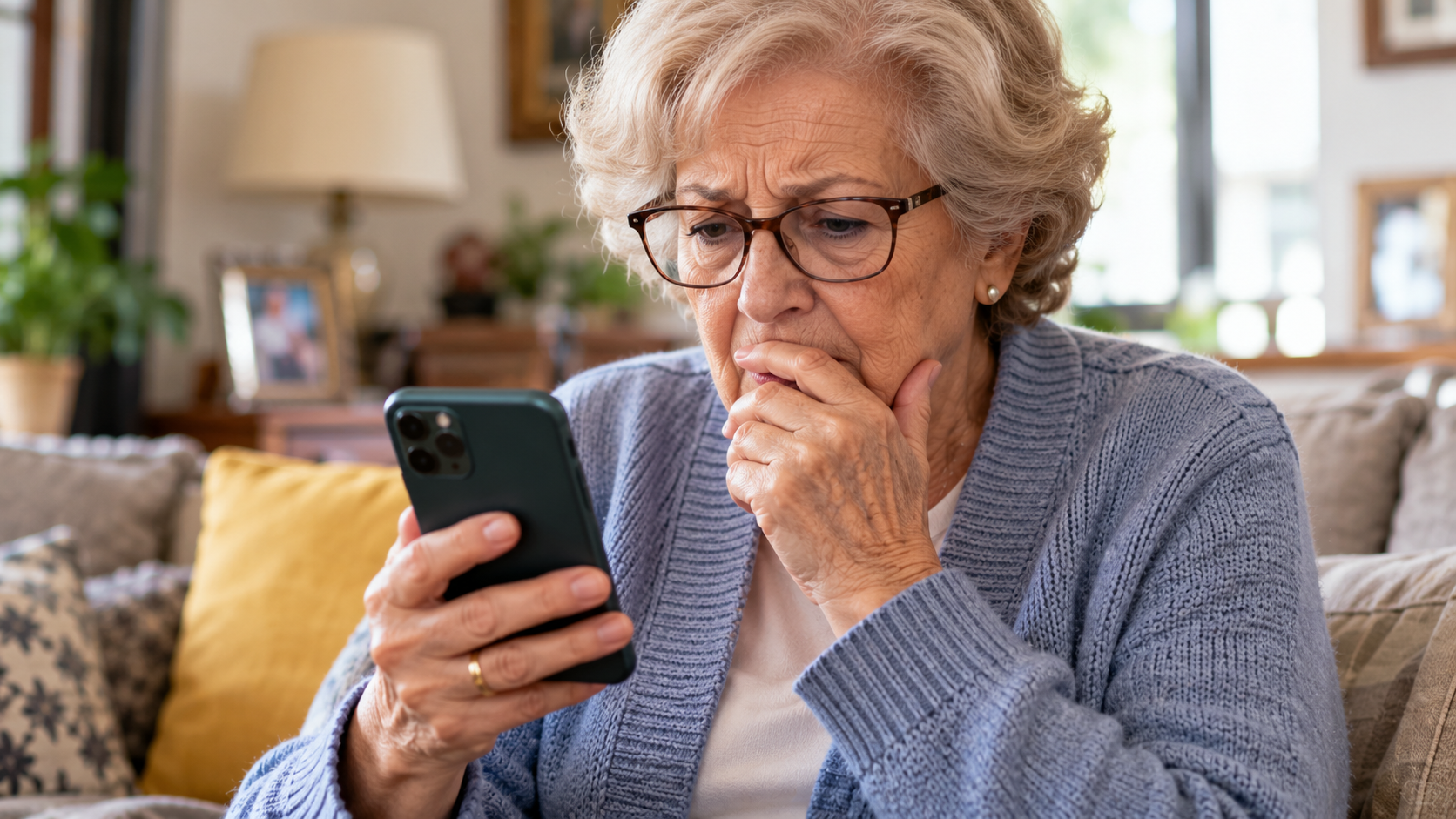 Mujer preocupada por su teléfono, generada por IA.